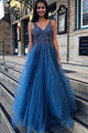 A-Line V-Neck Tulle Prom Dress With Sequins and Appliques, Evening Dress YZ211067