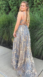 A-line V Neck Spaghetti Strap Long Prom Dresses With Lace,Evening Dresses YZ211013