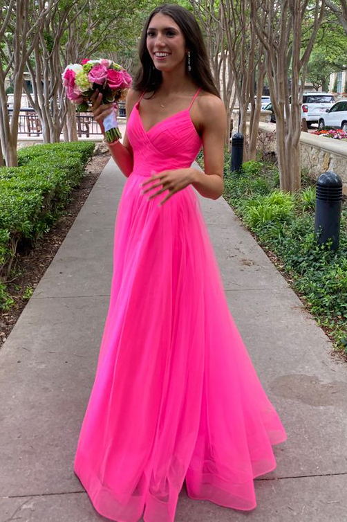 A-Line V-Neck Simple Straps Pink Tulle Long Prom Dresses With Split HT cathyprom A-Line V-Neck Simple Straps Pink Tulle Long Prom Dresses With Split HT cathyprom