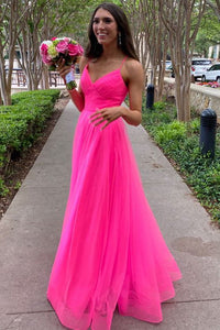 A-Line V-Neck Simple Straps Pink Tulle Long Prom Dresses With Split HT0933