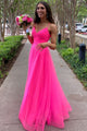 A-Line V-Neck Simple Straps Pink Tulle Long Prom Dresses With Split HT0933