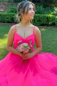 A-Line V-Neck Simple Straps Pink Tulle Long Prom Dresses With Split HT0933