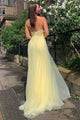 A Line V Neck Backless Yellow Lace Prom Dress with Leg Slit GX5285