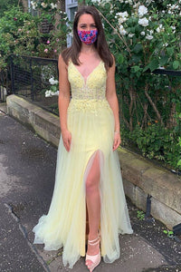 A Line V Neck Backless Yellow Lace Prom Dress with Leg Slit GX5285