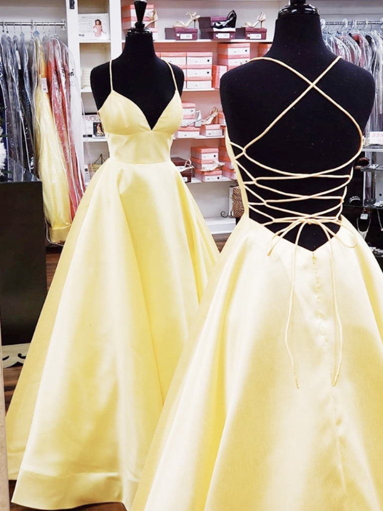 A Line V Neck Backless Yellow Long Prom Dresses with Cross Back CA0402 cathyprom A Line V Neck Backless Yellow Long Prom Dresses with Cross Back CA0402 cathyprom