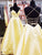 A Line V Neck Backless Yellow Long Prom Dresses with Cross Back CA0402