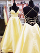 A Line V Neck Backless Yellow Long Prom Dresses with Cross Back CA0402