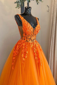 A Line V Neck Orange Lace Prom Dresses, Long Formal Graduation Dresses LO1023