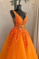 A Line V Neck Orange Lace Prom Dresses, Long Formal Graduation Dresses LO1023