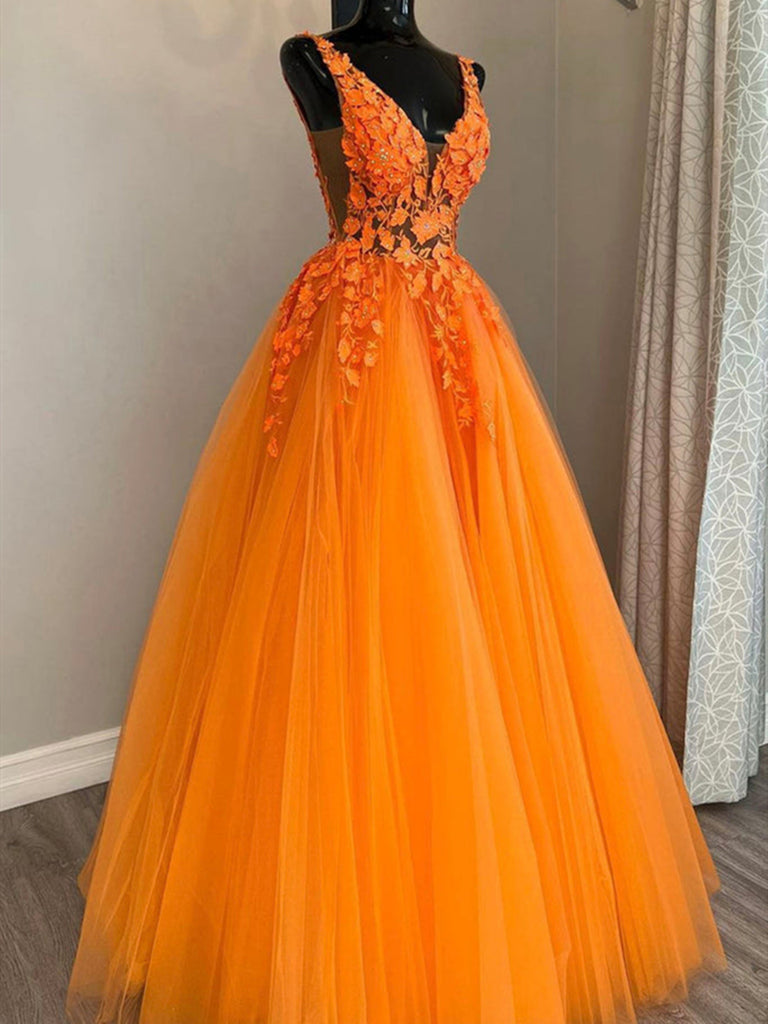A Line V Neck Orange Lace Prom Dresses, Long Formal Graduation Dresses cathyprom A Line V Neck Orange Lace Prom Dresses, Long Formal Graduation Dresses cathyprom