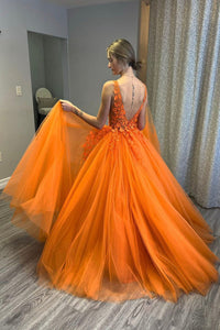 A Line V Neck Orange Lace Prom Dresses, Long Formal Graduation Dresses LO1023