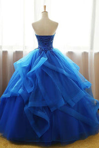 Chic Ball Gowns Strapless Royal Blue Sleeveless Beading Applique Long Tulle Prom Dress Evening Dress OHC279 | Cathyprom