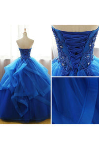 Chic Ball Gowns Strapless Royal Blue Sleeveless Beading Applique Long Tulle Prom Dress Evening Dress OHC279 | Cathyprom
