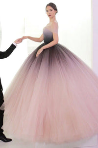 Unique Ball Gown Off-the-shoulder Sweep Train Sleeveless Ombre Long Tulle Prom Dress Evening Dresses OHC113 | Cathyprom