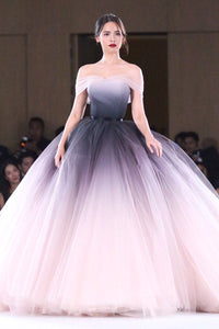 Unique Ball Gown Off-the-shoulder Sweep Train Sleeveless Ombre Long Tulle Prom Dress Evening Dresses OHC113 | Cathyprom