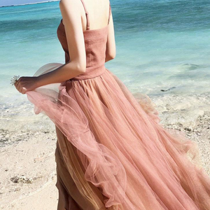 Chic A-line Spaghetti Strap Tea Length Sleeveless Simple Long Tulle Prom Dresses Evening Dress OHC282 | Cathyprom
