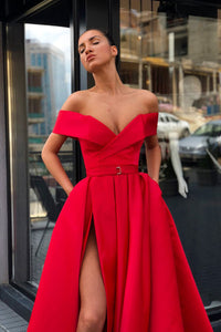 Chic A-line Off-the-Shoulder Floor Length Sleeveless Slit Prom Dresses Evening Dresses OHC274 | Cathyprom