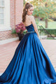 Unique A-line Halter Sleeveless Blue Long Satin Prom Dresses Beaded Formal Dress Evening Gowns OHC297 | Cathyprom