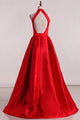 Simple A-line High Neck Sleeveless Open Back Long Satin Prom Dress Evening Dresses  OHC277 | Cathyprom