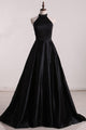Simple A-line High Neck Sleeveless Open Back Long Satin Prom Dress Evening Dresses  OHC277 | Cathyprom