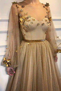 Chic A-line Scoop Floor Length Long Sleeves Applique Long Tulle Prom Dresses Evening Dresses OHC275 | Cathyprom