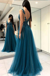 Modest A-line Deep V Neck Floor Length Sleeveless Appliques Beading Long Tulle Prom Dress/Evening Dress OHC291 | Cathyprom