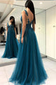 Modest A-line Deep V Neck Floor Length Sleeveless Appliques Beading Long Tulle Prom Dress/Evening Dress OHC291 | Cathyprom
