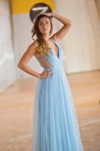 Sparkly A-line V neck Sleeveless Floor Length Modest Blue Long Tulle Prom Dress/Evening Dress OHC284 | Cathyprom