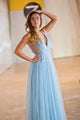 Sparkly A-line V neck Sleeveless Floor Length Modest Blue Long Tulle Prom Dress/Evening Dress OHC284 | Cathyprom