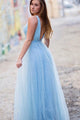 Sparkly A-line V neck Sleeveless Floor Length Modest Blue Long Tulle Prom Dress/Evening Dress OHC284 | Cathyprom