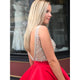 A Line Satin Beaded Red Homecoming Dresses Sexy V-neck Short Prom Dress Open Back DKL1221|CathyProm