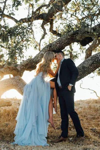 A Line Sky Blue Rustic Chiffon Deep V Neck Slit Summer Beach Wedding D   cathyprom