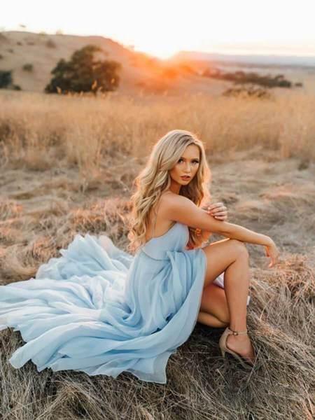 A Line Sky Blue Rustic Chiffon Deep V Neck Slit Summer Beach