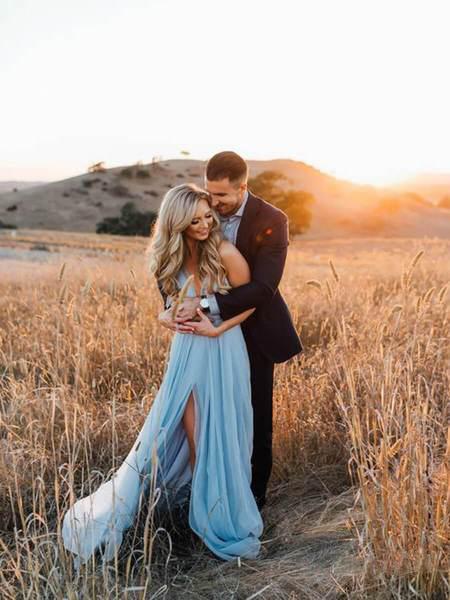 A Line Sky Blue Rustic Chiffon Deep V Neck Slit Summer Beach Wedding D cathyprom A Line Sky Blue Rustic Chiffon Deep V Neck Slit Summer Beach Wedding D cathyprom