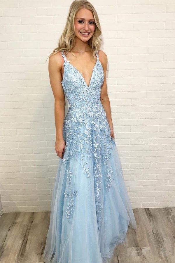 A Line Spaghetti Straps Light Blue Prom Dresses V Neck Lace