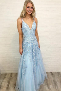 A Line Spaghetti Straps Light Blue Prom Dresses V Neck Lace Appliques Evening Dress CA526