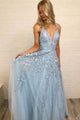 A Line Spaghetti Straps Light Blue Prom Dresses V Neck Lace Appliques Evening Dress CA526
