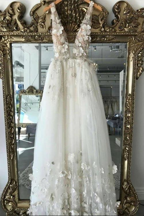 A line 3D Flowers Deep V Neck Ivory Straps Wedding Dresses Simple Boho cathyprom A line 3D Flowers Deep V Neck Ivory Straps Wedding Dresses Simple Boho cathyprom