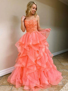 A-Line Pink Long Prom Dress With Ruffles Appliques, Evening Dress CMS211170