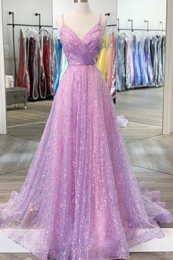 V Neck Backless Purple Tulle Prom Dresses with Belt, Backless Purple H –  Shiny Party