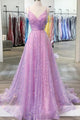 Shiny Purple V Neck Backless Prom Dresses, Evening Dresses CMS211135