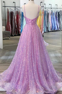 Shiny Purple V Neck Backless Prom Dresses, Evening Dresses CMS211135