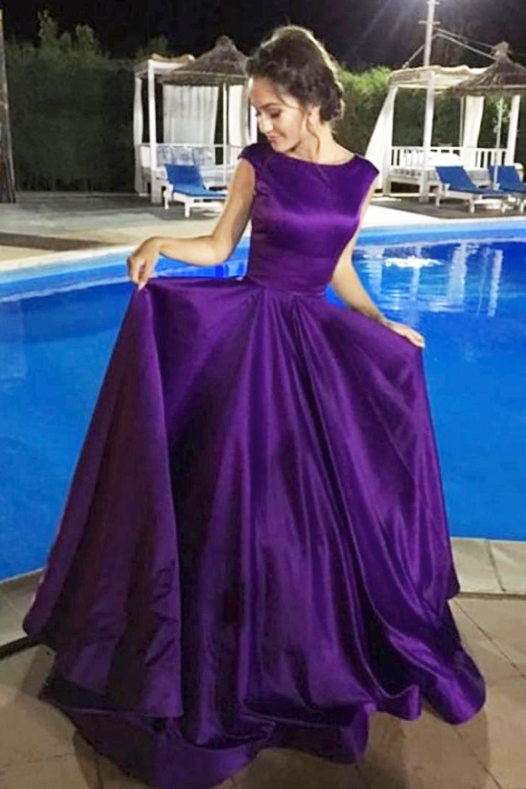Ball Gown Purple Satin Open Back Long Cap Sleeves Scoop Neck Prom Dres cathyprom Ball Gown Purple Satin Open Back Long Cap Sleeves Scoop Neck Prom Dres cathyprom