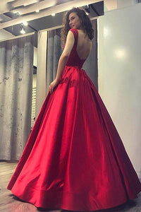 Ball Gown Purple Satin Open Back Long Cap Sleeves Scoop Neck Prom Dresses Evening Dress OHC483 | Cathyprom