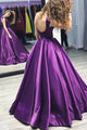 Ball Gown Purple Satin Open Back Long Cap Sleeves Scoop Neck Prom Dresses Evening Dress OHC483 | Cathyprom