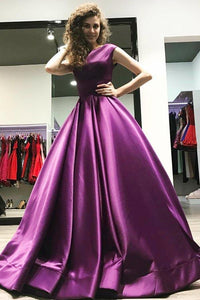Ball Gown V-Neck Sweep Train Satin Sleeveless Backless Prom Dress YZ211039