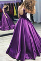 Ball Gown V-Neck Sweep Train Satin Sleeveless Backless Prom Dress YZ211039
