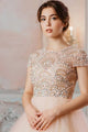 Beautiful A Line Scoop Neck Short Sleeves Beaded Long Tulle Prom Dresses OHC505 | Cathyprom
