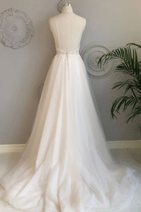 Beautiful A Line White Tulle Backless Long Lace Formal Prom Dress Wedding Dress OHC411 | Cathyprom