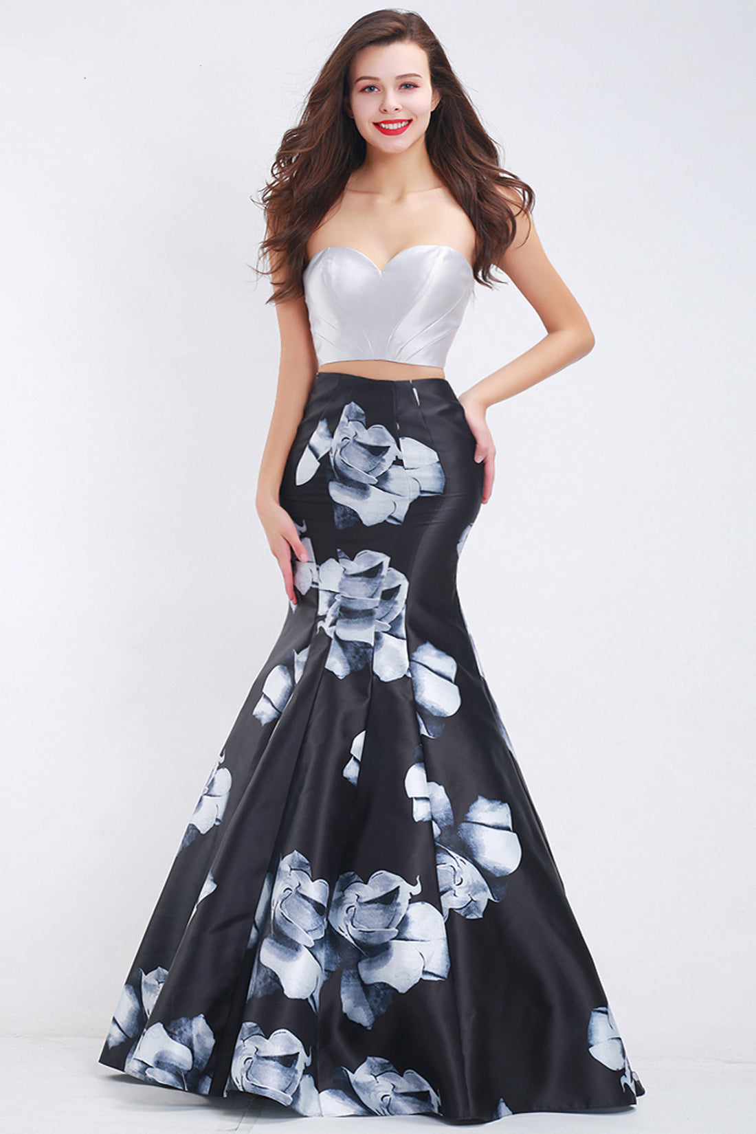 Black Floral Satin Two Piece Sleeveless Long Mermaid Evening Dress Pro cathyprom Black Floral Satin Two Piece Sleeveless Long Mermaid Evening Dress Pro cathyprom